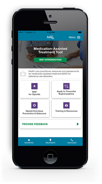 Image of cell phone with Medication Assisted Treatment Tool on screen