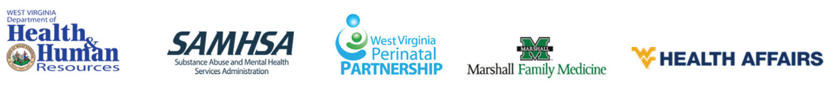 Logos for WVDHHR, SAMHSA, WV Perinatal Partnership, Marshall Family Medicine, and WV Health Affairs